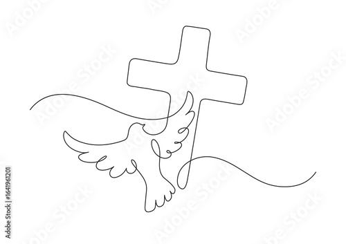 Christianity. Dove and cross. Continuous line drawing. Religion concept. Vector illustration.