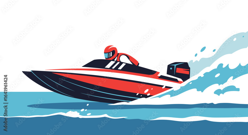 Naklejka premium Speedboat race with driver in helmet splashing through the water with extreme velocity