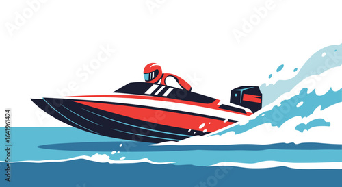 Speedboat race with driver in helmet splashing through the water with extreme velocity