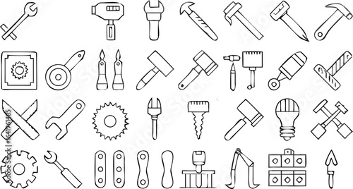 Versatile Hand and Power Tools Icon Pack – Hammer, Wrench, Drill, Saw Blade, Screwdriver, Gear, Spanner – Ideal for DIY, Construction, Carpentry, Repair, and Home Improvement Design Projects