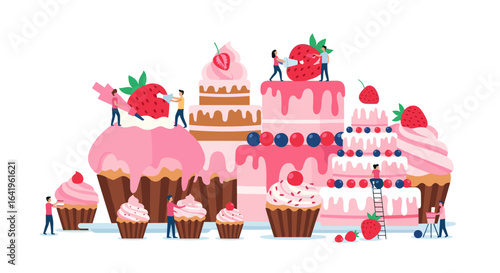 Whimsical celebration with adorable tiny people creating a fantastic dessert feast