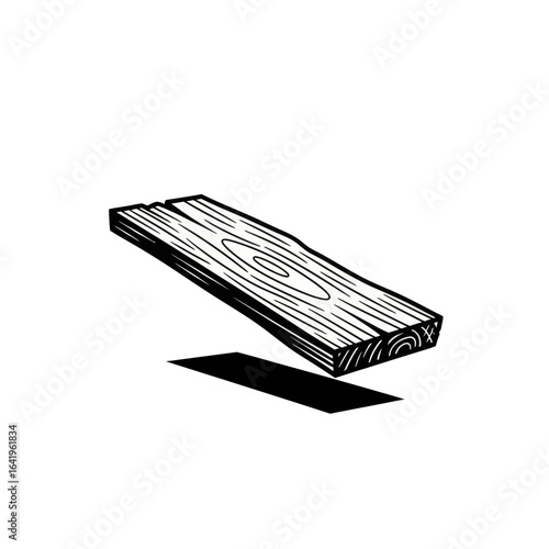 Black and white illustration of a single piece of wood showing grain patterns used in woodworking or construction related imagery