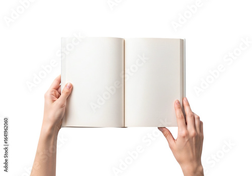 Photo of woman is holding an open book with blank pages ready to be filled with creative ideas and important information isolated on transparent background