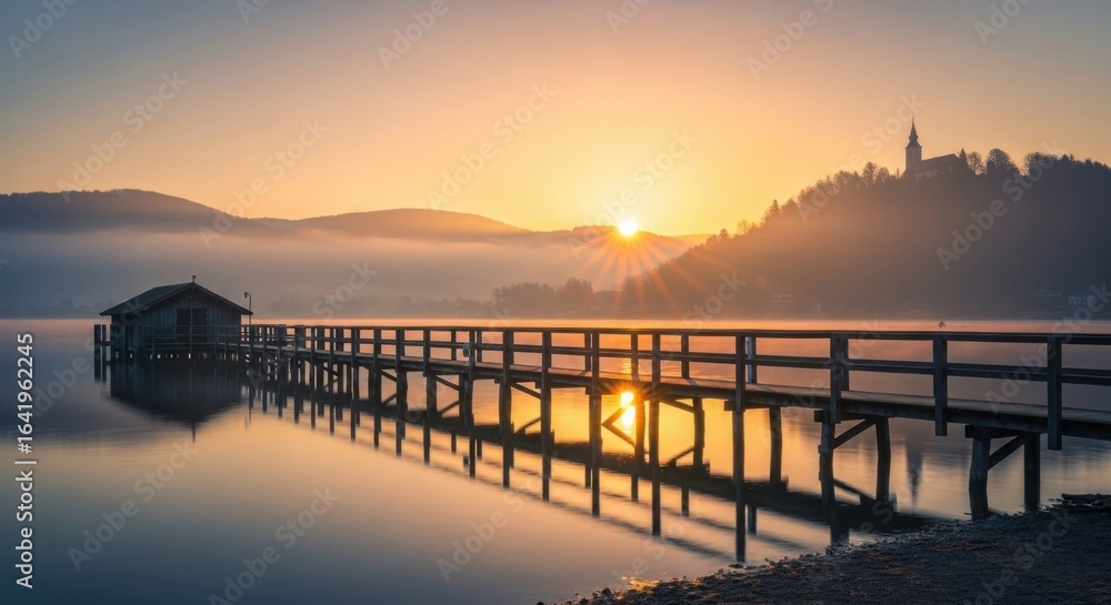 Fototapeta premium Sunrise Over Misty Lake With Wooden Pier and Boat House