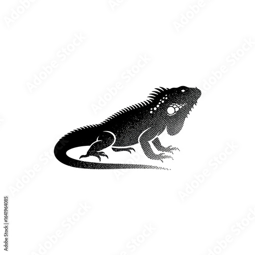 Stylized black and white illustration of an iguana