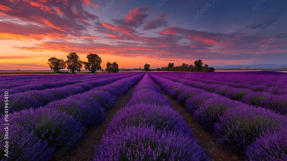 Obraz premium Beautiful lavender field landscape at sunset with orange sky nature photography scenic view aroma therapy