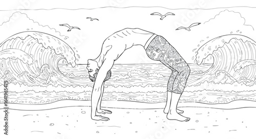 Yoga wheel pose on tranquil beach. Line art illustration with ocean waves and seagulls, ideal for wellness and mindful coloring.