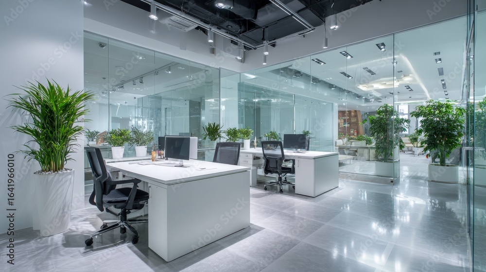 Fototapeta premium Modern Office Interior with Desks, Plants, and Glass Partitions for a Bright and Productive Workspace