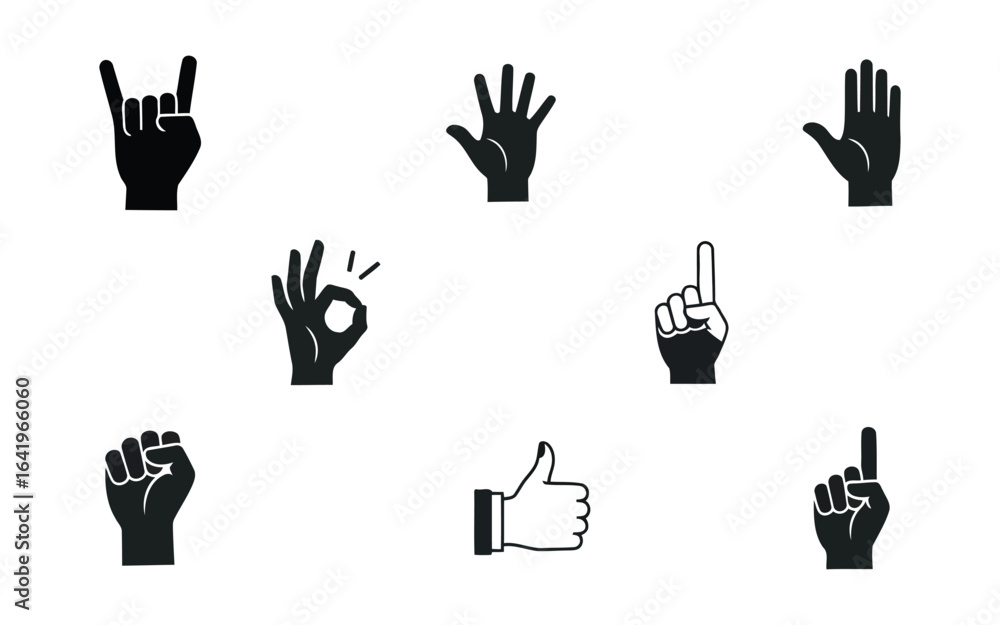 Fototapeta premium Collection of black hand gesture icons on white background symbol sign