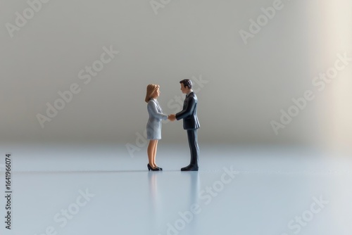 Miniature figures of a businessman and businesswoman shaking hands, symbolizing a business deal or partnership.