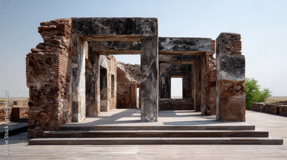Naklejka premium Ruined stone structure with large support beams.