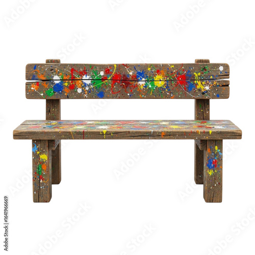Rustic wooden park bench decorated with colorful paint splatters isolated on transparent background