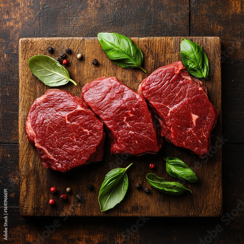 Three raw beef steaks with basil leaves and peppercorns on wooden board meat red meat