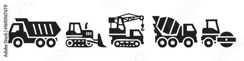 Black silhouette construction vehicles including dump truck bulldozer crane cement mixer roller