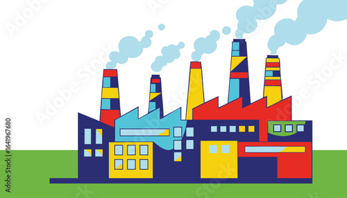 Colorful factory with smoke stacks on green ground against white background industry industrial