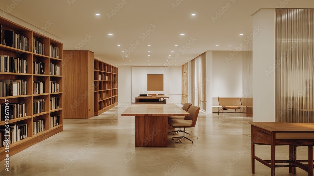 Fototapeta premium Modern office library, wooden furniture, meeting room, calm background, corporate design