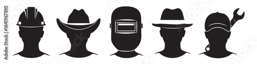 Five black silhouettes of workers heads wearing different hats white
