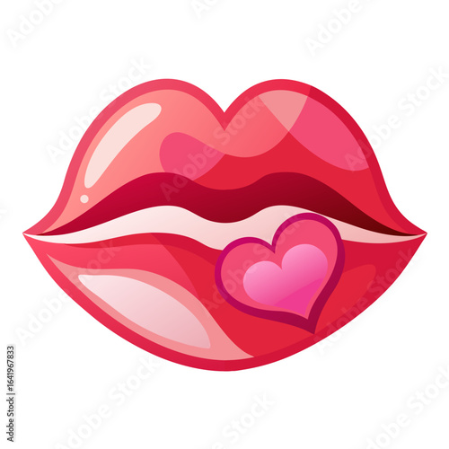Romantic Vector of Lips with Heart-Shaped Kiss Mark, Shiny Gradient Reds and Pinks on White Background