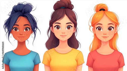 Diverse group of young women with various hairstyles wearing colorful shirts in an abstract modern setting ideal for lifestyle and travel concepts