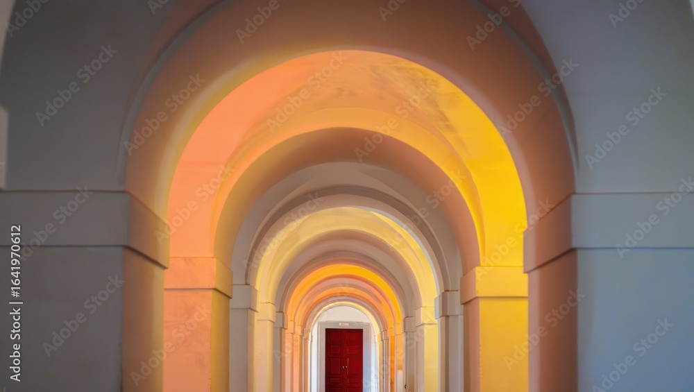 Fototapeta premium Arched hallway with a red door and yellow light in a building interior