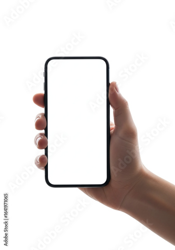 Photo of a person is holding a modern black smartphone with a blank white screen in their hand, isolated on a transparent background, ready for your content