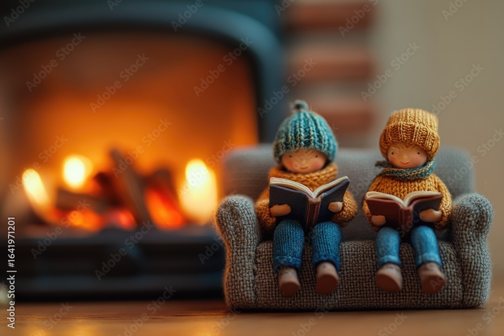 Fototapeta premium Two knitted dolls snuggled on a couch, reading books by a warm fireplace.