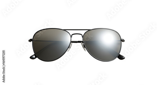 Silver aviator sunglasses shine against a black backdrop. Use this clean product shot for fashion campaigns, e-commerce, or advertising.
