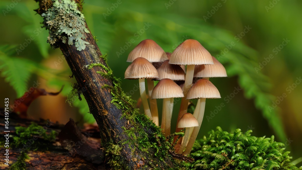 Fototapeta premium A cluster of small mushrooms growing on a mossy tree branch