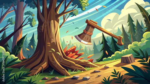 Axe biting into wood, sawdust flying through sunlit air, fallen tree trunk in forest resting silently, felling captured mid-motion, nature’s raw power meeting human hands in a timeless woodland scene.