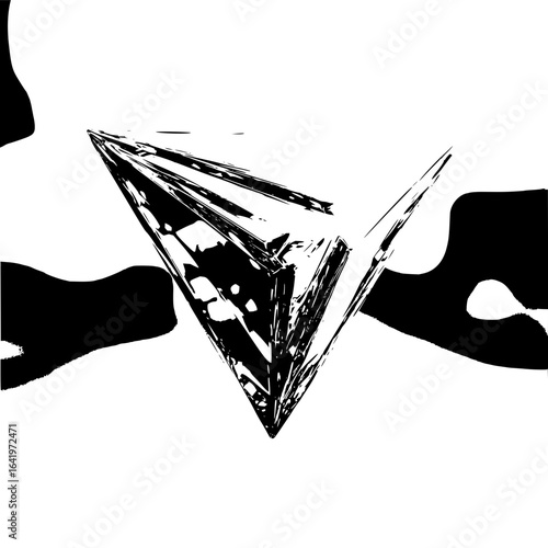 Abstract black and white geometric shape with jagged edges and surrounding dark blotches on white background