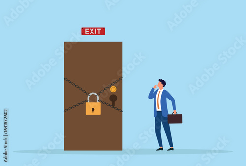 Vector illustration of a worried businessman standing in front of a locked door, symbolizing obstacles, career challenges, missed opportunities, or barriers to success
