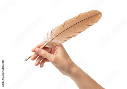 Photo of a hand holds a feather pen for writing a letter or signing a document on a transparent background