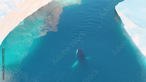 Humpback whales near icebergs from aerial view.
Humpback whale tail dripping water drops in arctic ocean with glaciers. Disko Bay glacier during midnight sun season of polar summer. Greenland