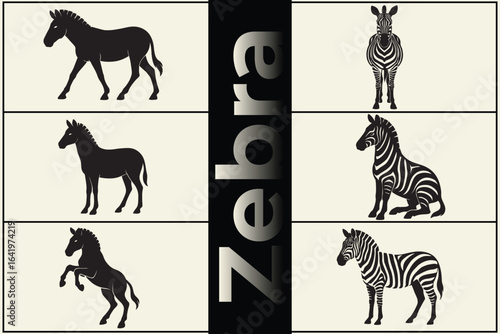 Six editable zebra silhouettes in various poses