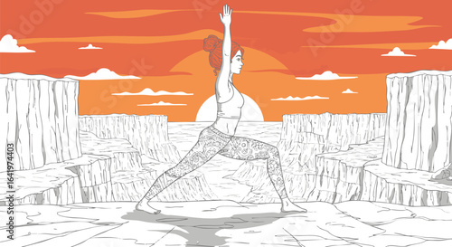 Woman practicing yoga warrior pose with dramatic sunset and canyon landscape illustration