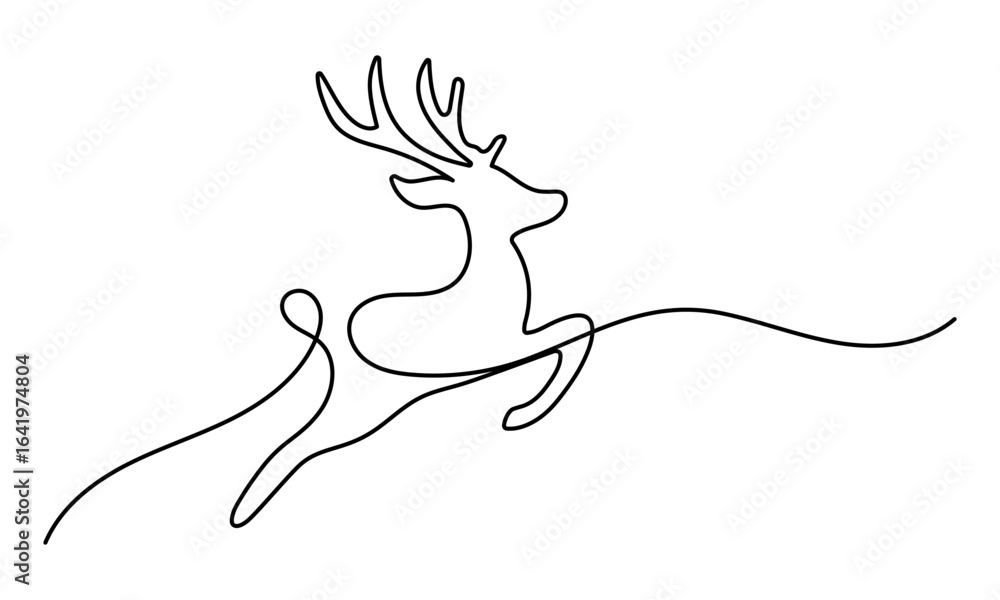 Fototapeta premium One continuous line drawing of christmas reindeer. Wild animal deer with antlers is dynamic silhouette in simple linear style. Editable stroke