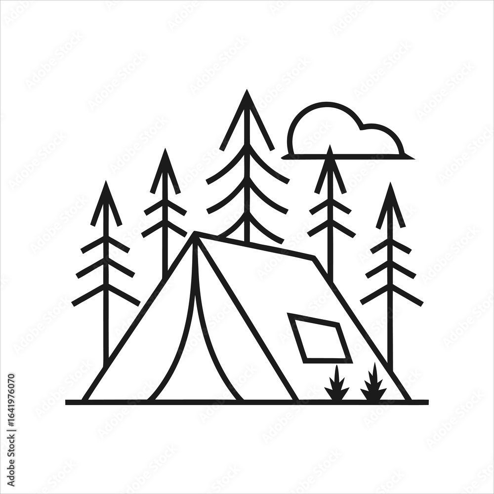 Fototapeta premium Camping Tent in Forest Minimalist Line Art Vector