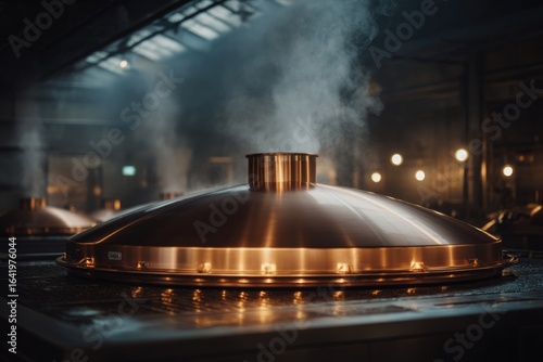 Industrial Brewery Interior with Warm Glowing Copper Kettle and Rising Steam