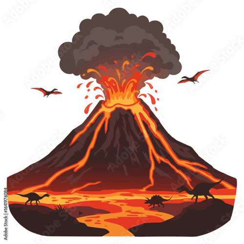 Illustration showing a volcano erupting with dinosaurs and pterodactyls in the landscape scene on transparent background