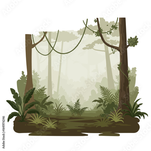 Illustration of a dense jungle scene with tall trees vines and lush green vegetation in a misty setting on transparent background