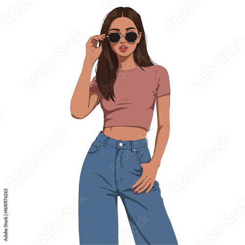 Illustration of a young woman with sunglasses and a crop top posing stylishly for the camera shot on transparent background