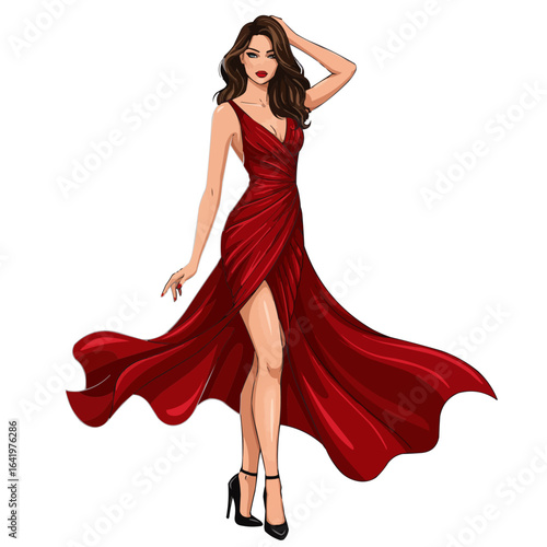 Elegant woman in a flowing red dress posing with hand on her head in a glamorous fashion illustration on transparent background