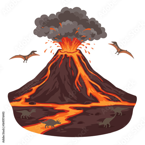 Cartoon illustration of an erupting volcano with dinosaurs and pterodactyls in the surrounding area on transparent background