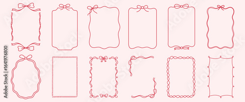 Doodle hand drawn frames with wavy lines, bows and ribbons. Minimalist simple line art. Trendy vintage whimsical borders for wedding invitations, birthday card, prints. Vector modern illustration.