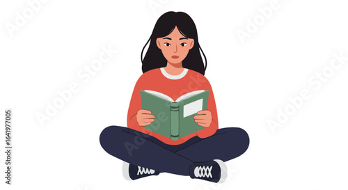 Illustration of a woman with dark hair sitting cross legged reading a book with a green cover design on transparent background