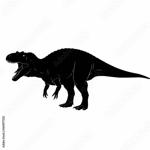 Silhouette of a large theropod dinosaur with an open mouth and sharp teeth in full profile view isolated on white on transparent background