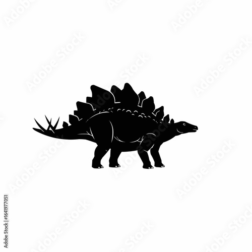 Silhouette of a stegosaurus dinosaur with plates and spikes in black and white illustration style on transparent background