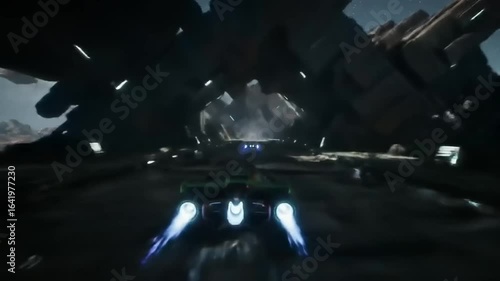 Futuristic race vehicle speeds through a desolate alien landscape