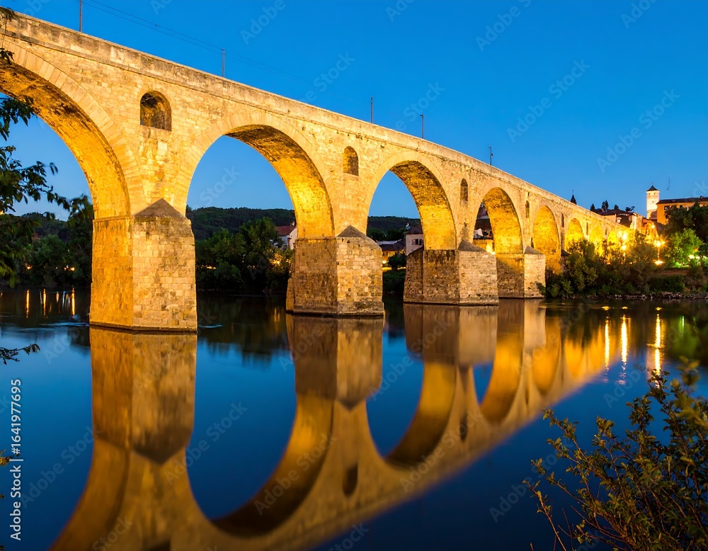 Fototapeta premium Stone arch bridge at dusk, reflected in calm river