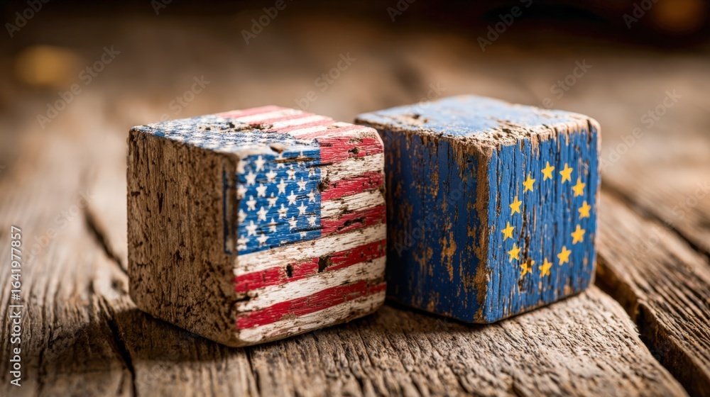 Obraz premium USA and Europe Flags Depicted on Wooden Blocks Symbolizing Trade Relations and Political Partnership